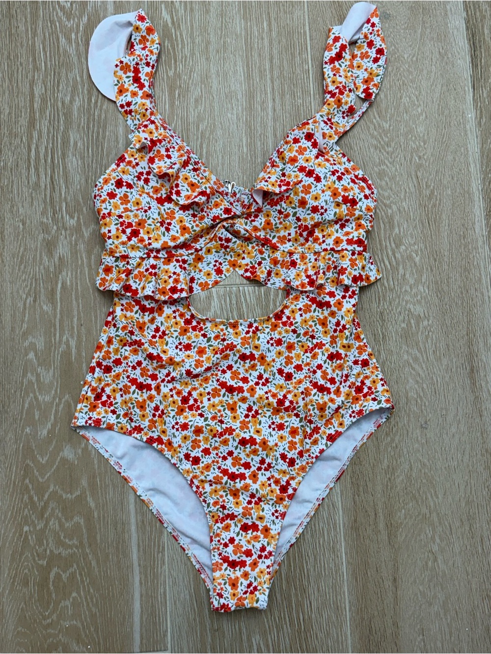 SHEIN White One-Piece Swimsuit with Orange & Red Floral Print